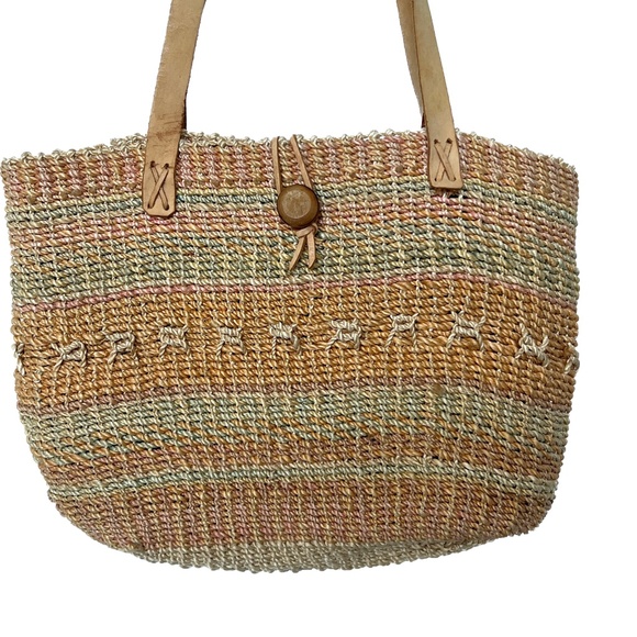 Woven Sisal String Shoulder Bag  with Leather Straps Beige Orange Button Closure - Picture 1 of 8
